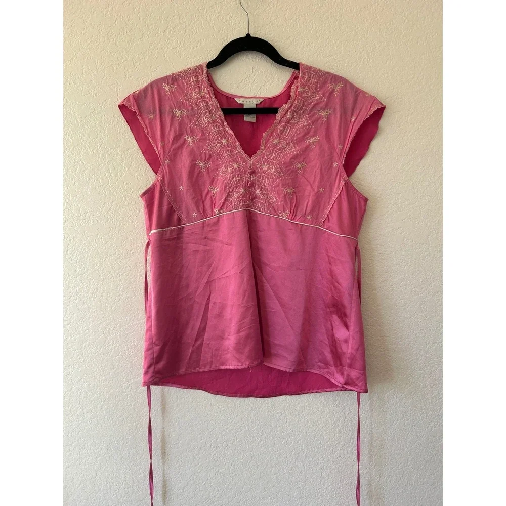 Vtg Tweeds Pink Embroidered Babydoll Cap Sleeve Tunic Tie Waist L Coquette Fairy - Picture 12 of 14